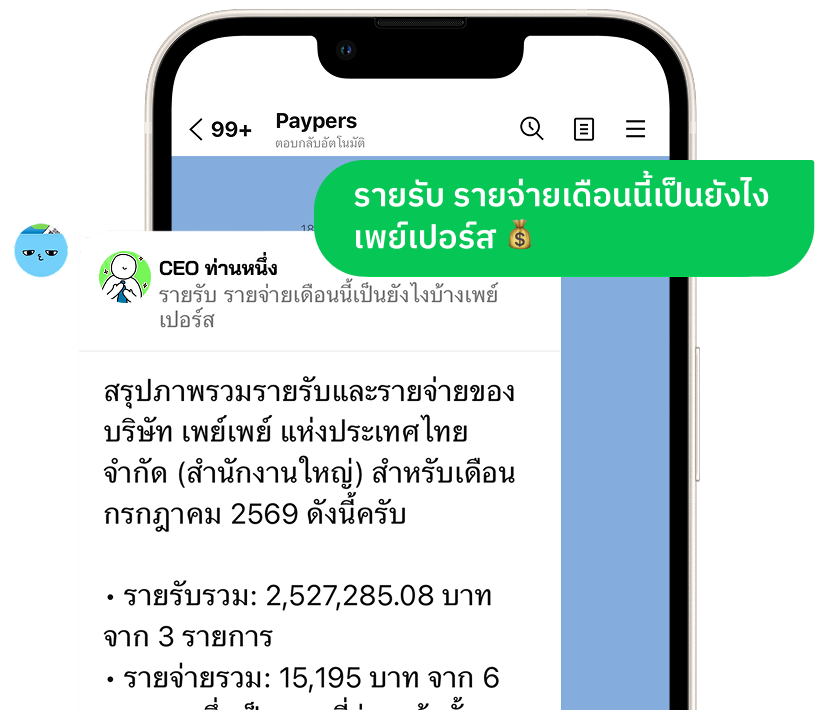 ตัวอย่างการถามสรุปรายรับ-รายจ่ายกับ Paypers ในแชทส่วนตัว LINE