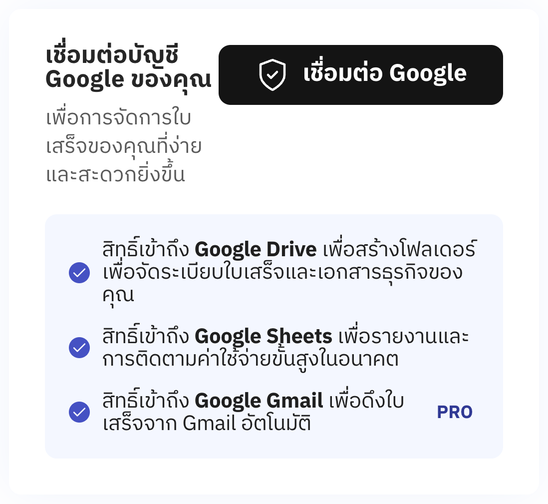 หน้าเชื่อมต่อ Google — ปุ่ม "เชื่อมต่อ Google" และสิทธิ์ที่ขอ 3 อย่าง